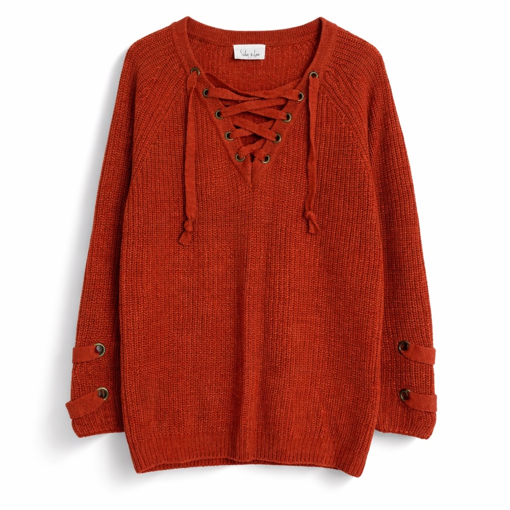 Lace-Up Ribbed Knit Sweater - Rust